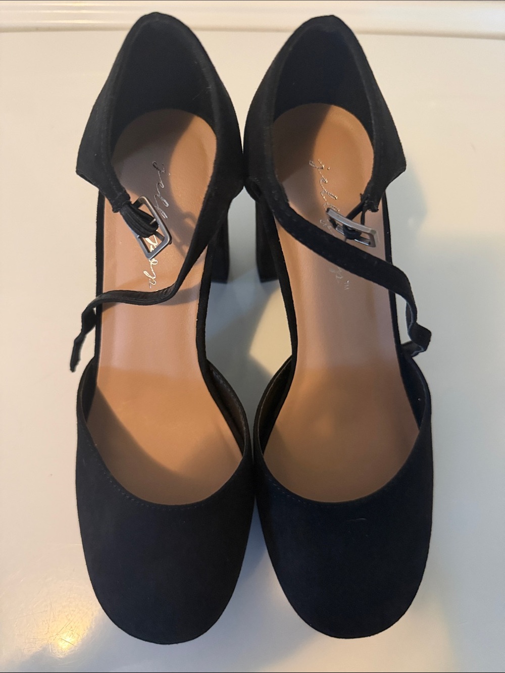 Jellypop Black Suede Ankle Strap Block Heel Pumps